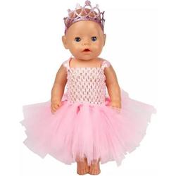 Poppenkleertjes - Geschikt voor Baby Born - Ballerina jurk - Met kroon - Outfit babypop - Roze jurk met wijde tutu en grote strik
